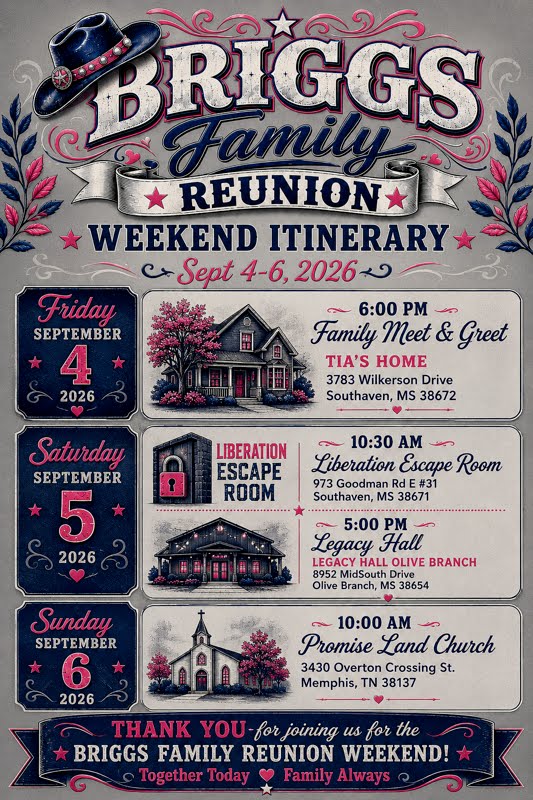 Briggs Family Reunion Weekend Itinerary, Sept 4-6, 2026